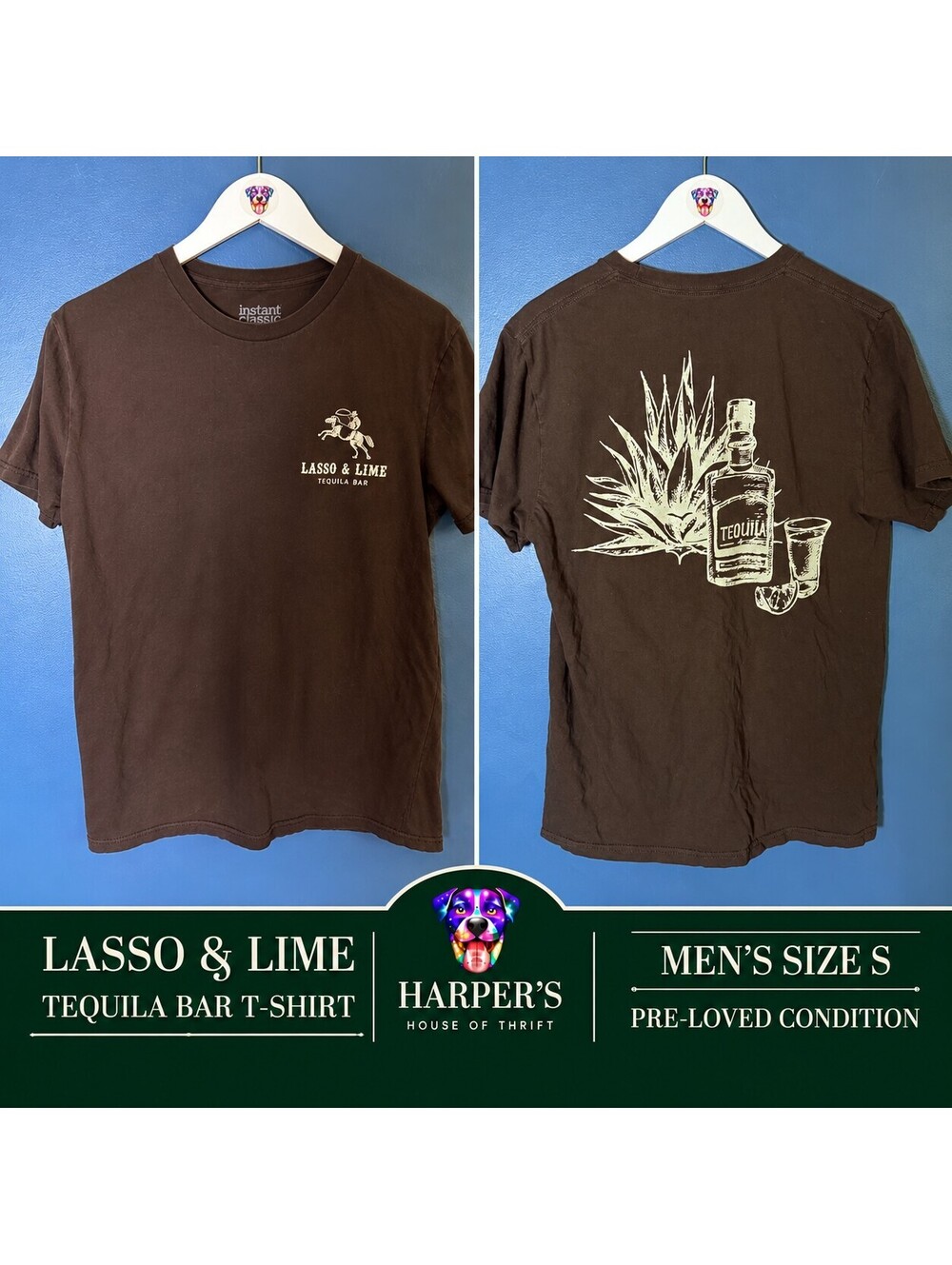 Lasso & Lime Tequila Bar Graphic T-Shirt Agave Bottle Back Print Brown Size M
